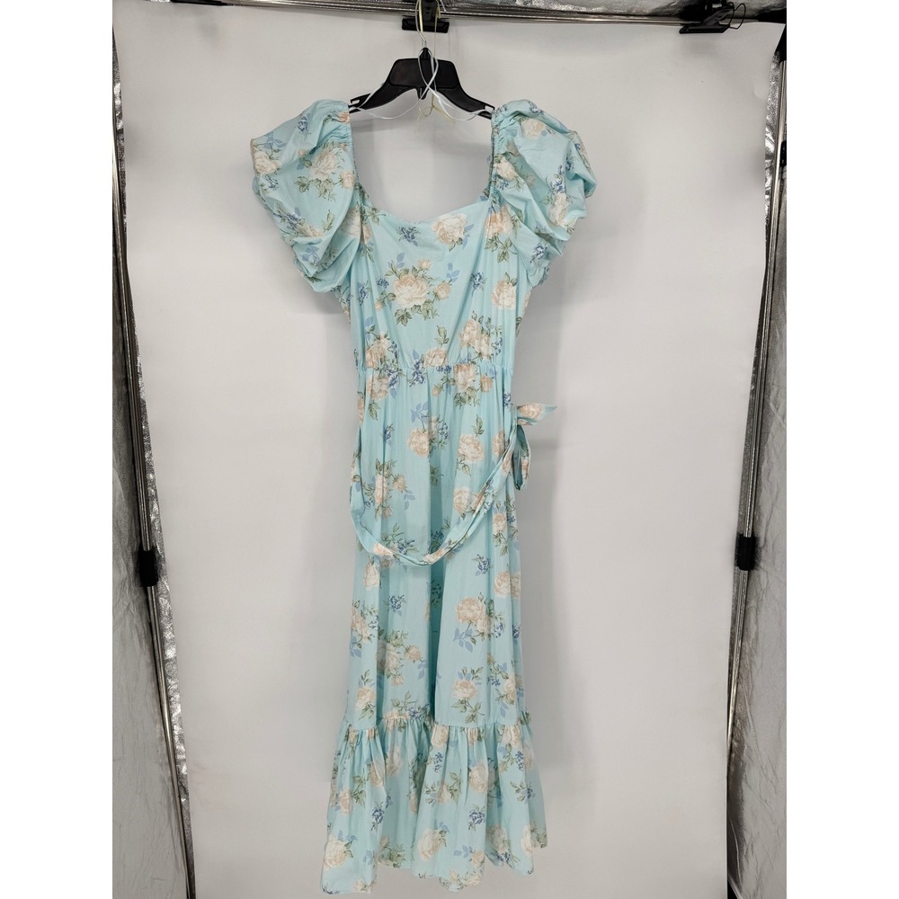 LoveShackFancy x Target Dress Womens 8 Blue NEW Floral Puff Sleeve Midi Belted - Picture 7 of 13